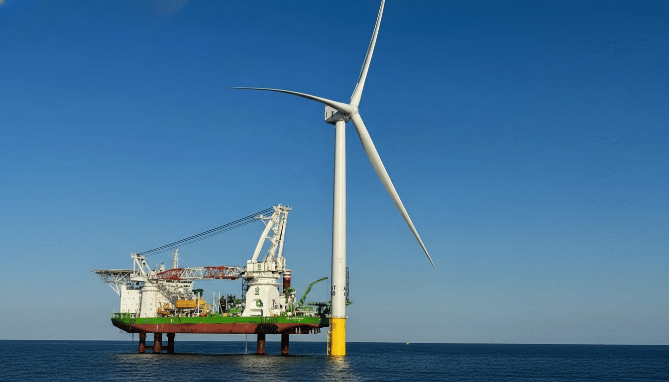 A large offshore wind turbine stands tall in the ocean next to a green and white offshore construction vessel, under a clear blue sky.
