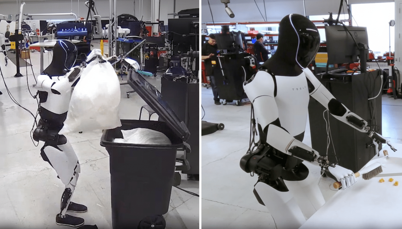 A Tesla Optimus robot performing two different tasks: on the left, it is disposing of a trash bag into a bin; on the right, it is using a brush to sweep small objects on a table.
