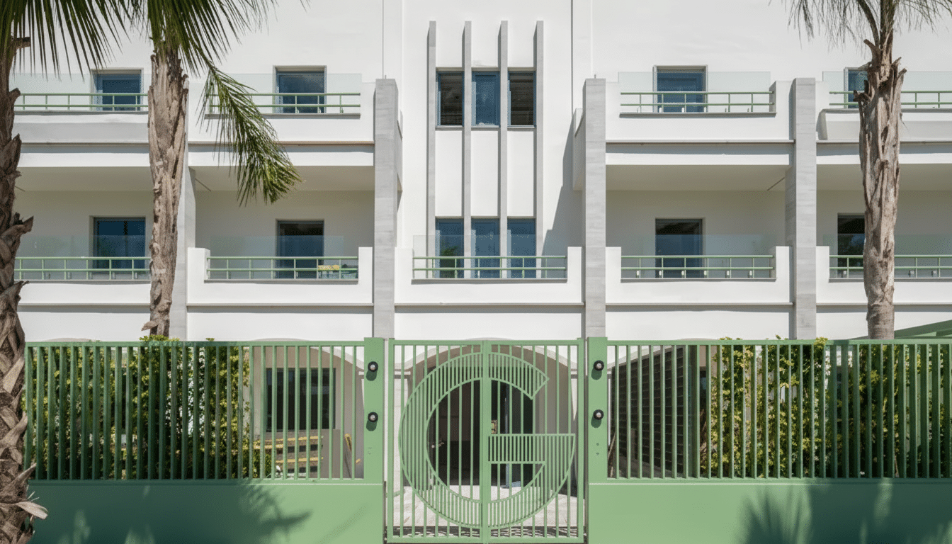 A white building with balconies and palm trees, behind a green fence with a large G design in the center.