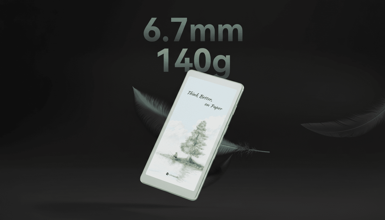 A tablet displaying a serene landscape with a tree and a person fishing, set against a dark background with text 6.7mm 140g and two black feathers.