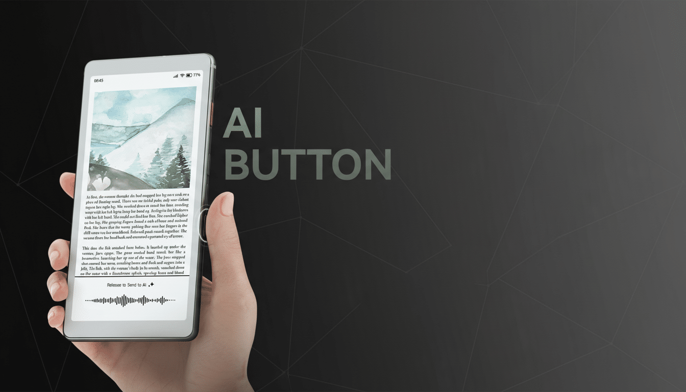 A hand holding a smartphone displaying a story and an AI BUTTON logo, resized to a 16:9 aspect ratio with a professional flat design background.
