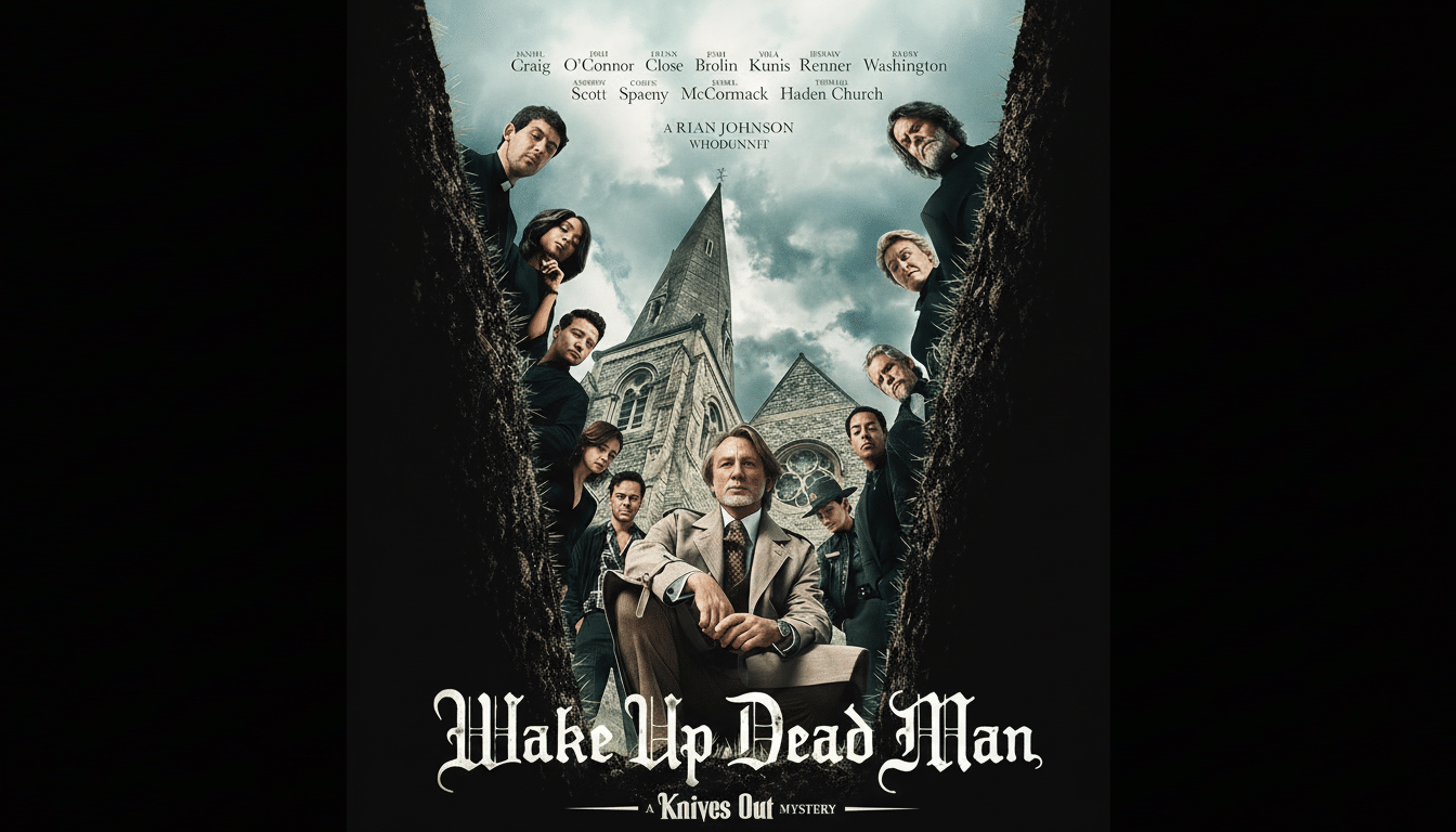 The movie poster for Wake Up Dead Man: A Knives Out Mystery featuring a group of actors looking down into a grave where another actor is seated, with a church in the background.