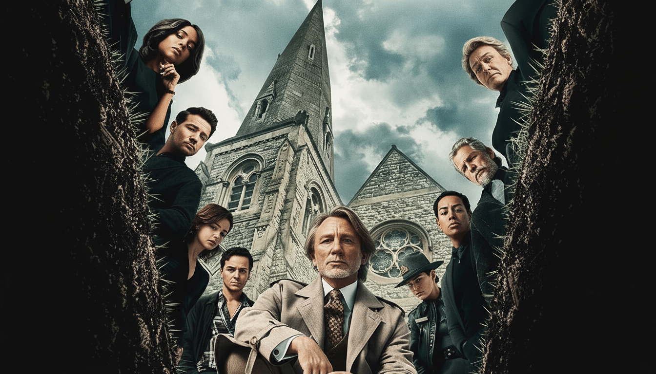 A movie poster for Wake Up Dead Man: A Knives Out Mystery featuring a group of actors looking down into a grave, with a church in the background.