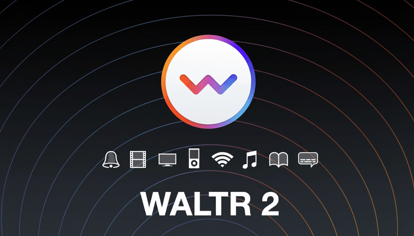 The Waltr 2 logo, a stylized W in a colorful circle, with various media icons and the text WALTR 2 below, set against a dark background with subtle concentric lines.