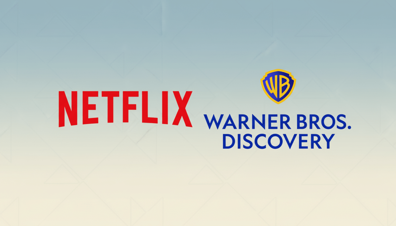 The Netflix logo in red and the Warner Bros. Discovery logo in blue, with the WB shield, are displayed side-by-side on a professional flat design background with soft patterns and gradients.