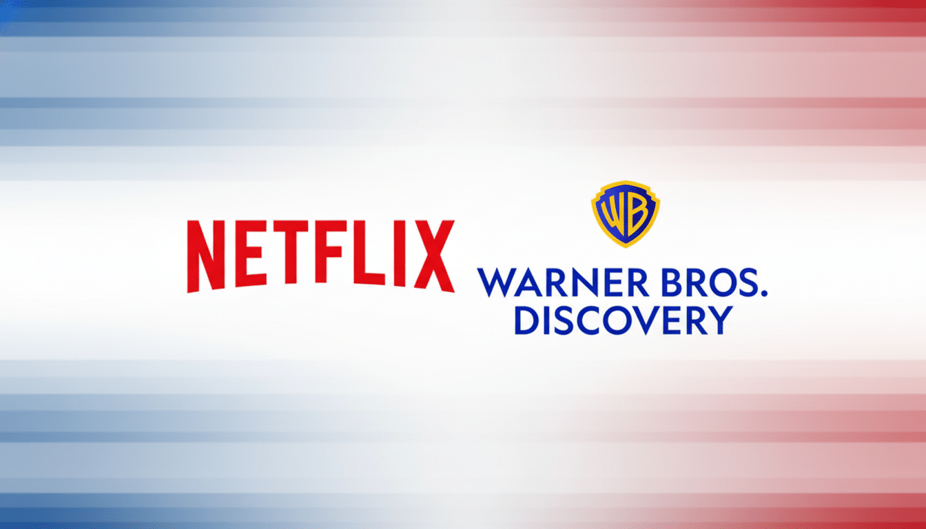The Netflix logo in red text and the Warner Bros. Discovery logo with its blue and gold shield and blue text, presented on a professional background with soft red and blue horizontal gradient patterns.