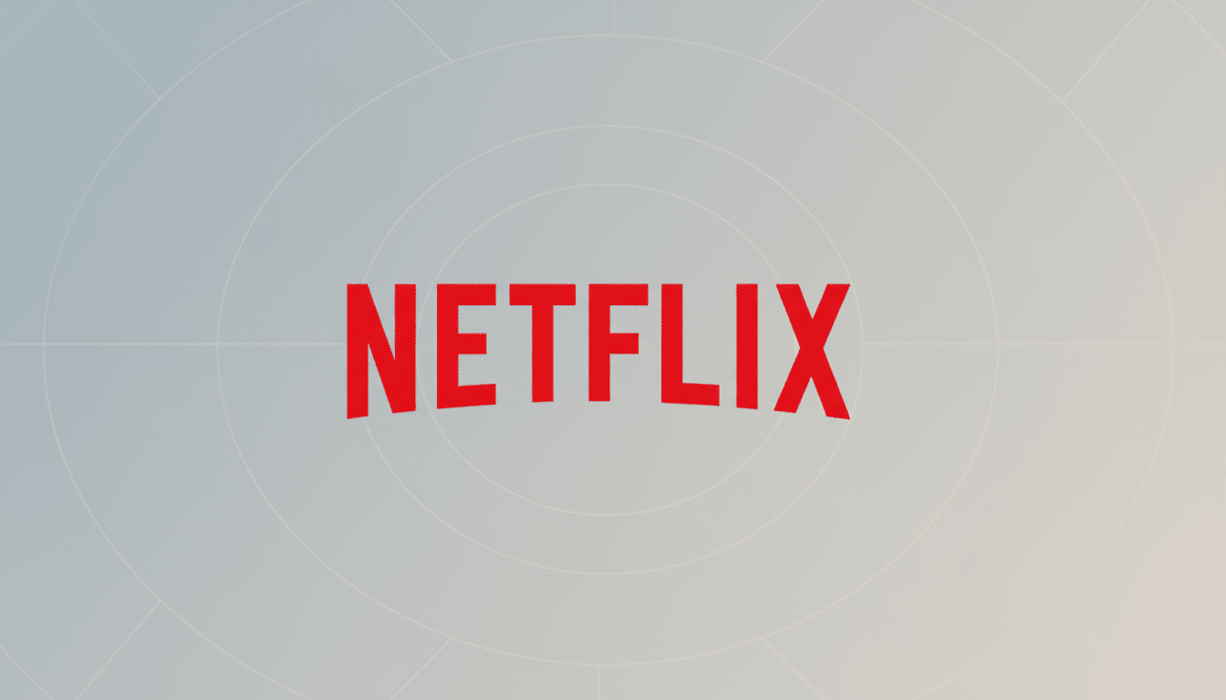 The Netflix logo, featuring the word NETFLIX in bold red letters, centered on a professional flat design background with soft gray gradients and subtle circular patterns.