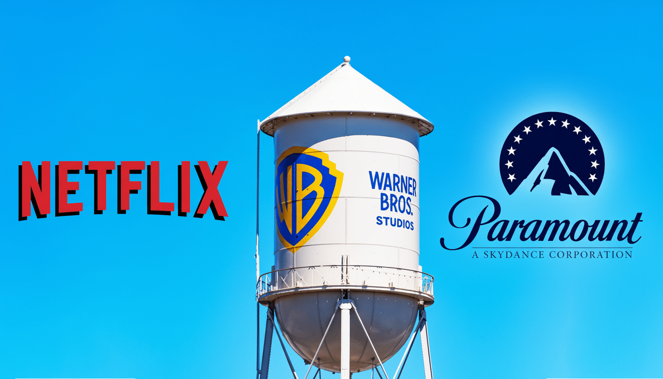 A 16:9 aspect ratio image featuring the Netflix logo, the Warner Bros. Studios water tower, and the Paramount Pictures logo against a clear blue sky.