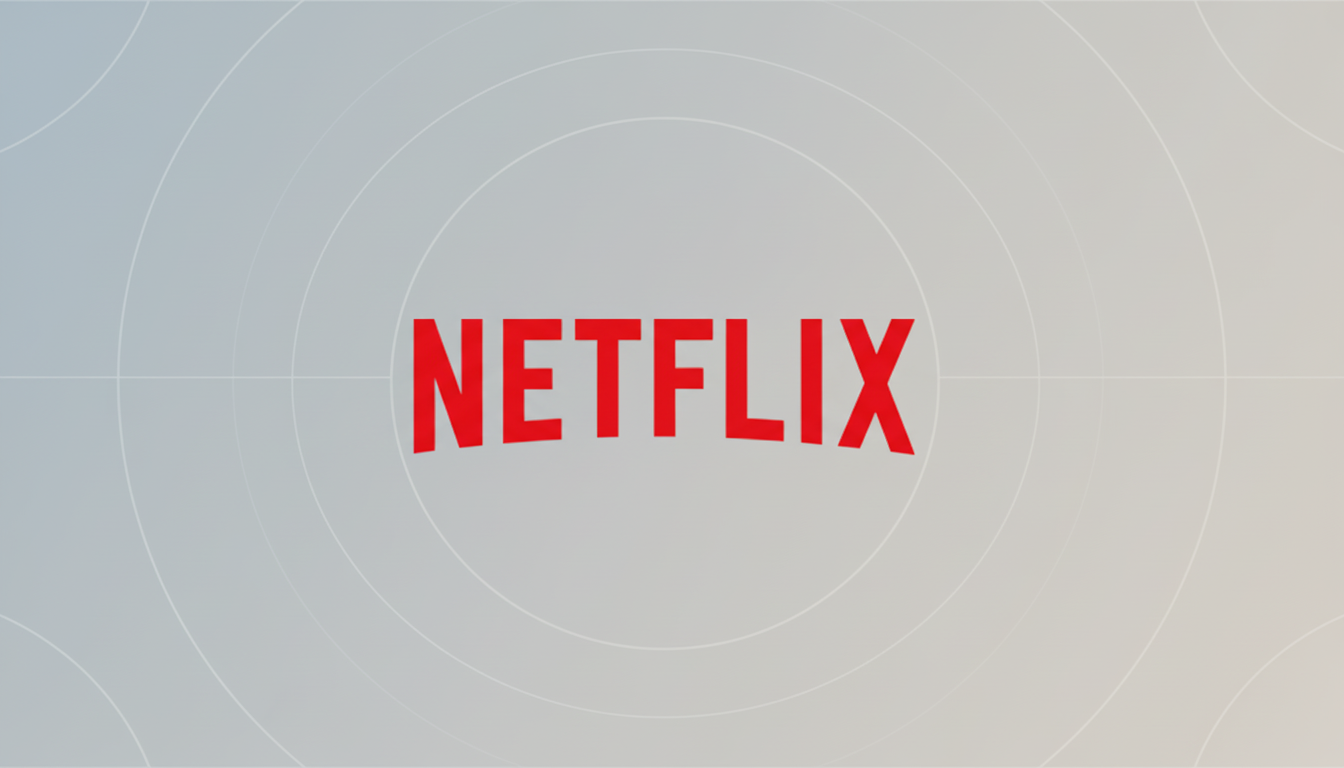The Netflix logo, featuring the word NETFLIX in bold red letters, centered on a professional flat design background with soft gray gradients and subtle concentric circle patterns.