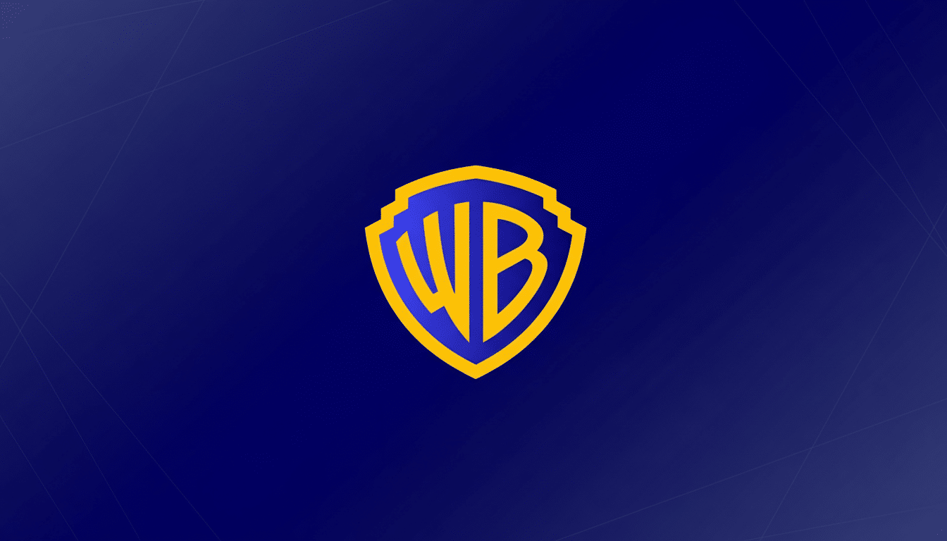 The Warner Bros. logo, a blue shield with a yellow outline and the letters WB in yellow, centered on a dark blue background with subtle geometric patterns.