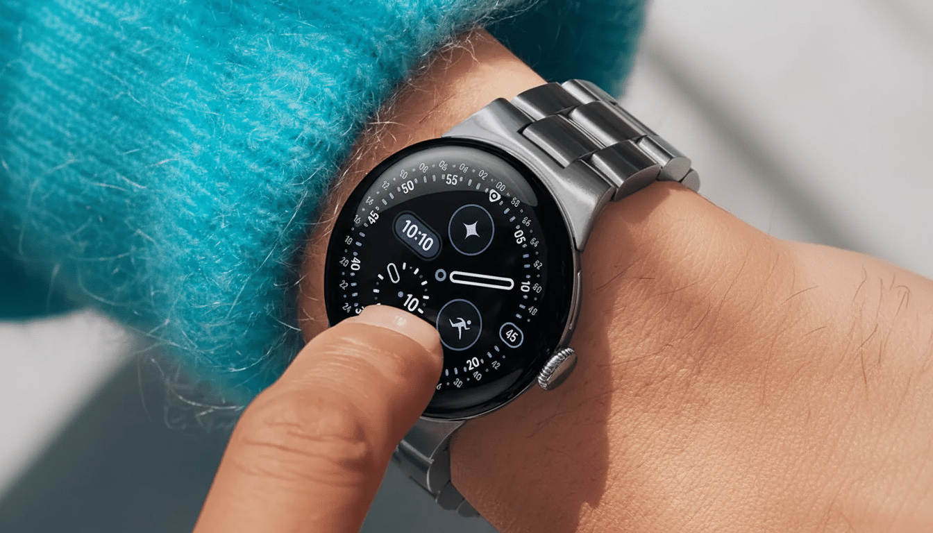 A close-up of a persons wrist wearing a silver smartwatch with a black face, displaying various icons and numbers. The persons finger is touching the screen.