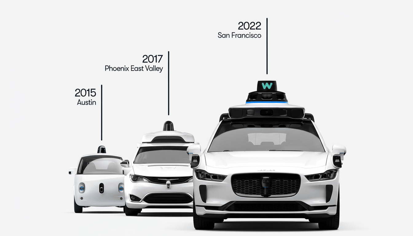 Three generations of Waymo self-driving cars are shown in a timeline from left to right: a small white car from 2015 in Austin, a white minivan from 2017 in Phoenix East Valley, and a white Jaguar I-PACE from 2022 in San Francisco.