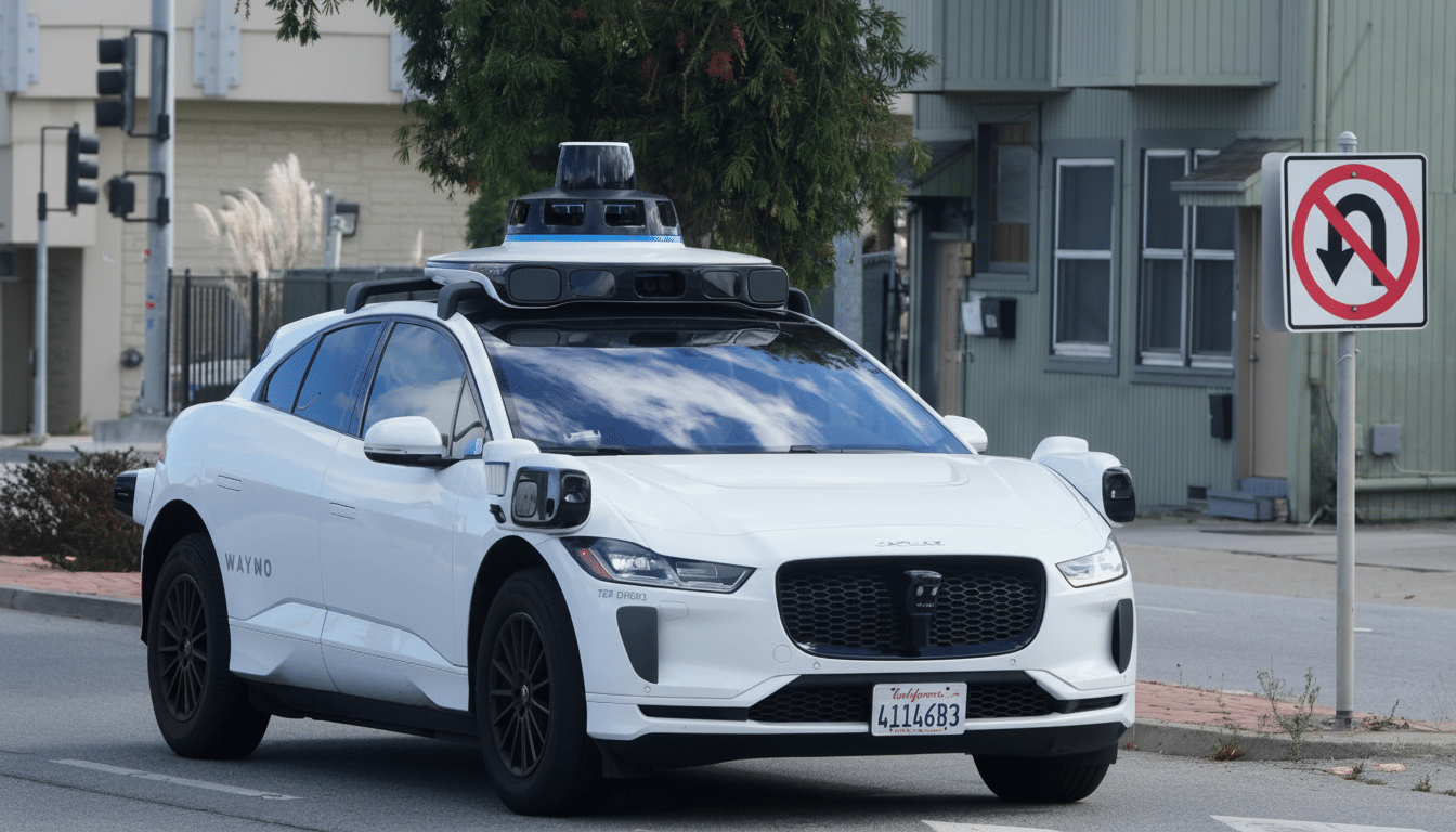 A white Waymo self-driving car, a Jaguar I-PACE, is parked on a street with a No U-Turn sign visible on the right.