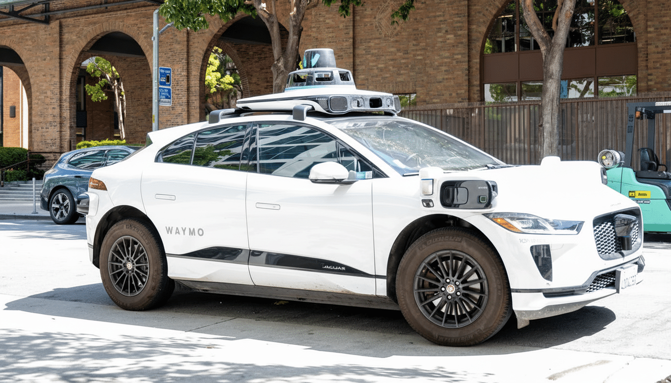 A white Waymo self-driving car, a Jaguar I-Pace, is parked on a city street with buildings and trees in the background.
