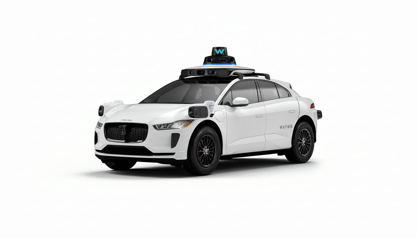 A white Waymo self-driving car, a Jaguar I-PACE, is shown from a front-quarter angle against a clean white background. The car features various sensors and a prominent W logo on its roof.
