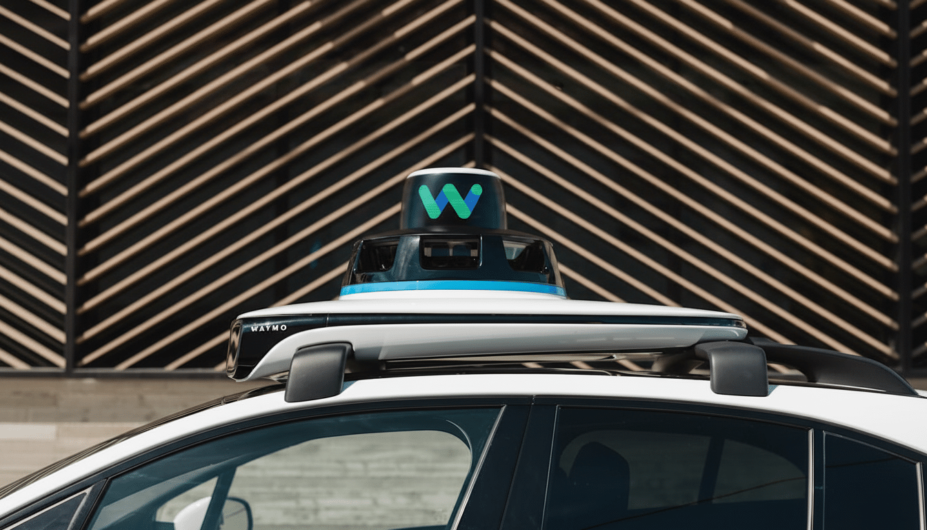 A close-up, professionally enhanced image of a Waymo self-driving cars rooftop sensor unit, featuring the Waymo logo, set against its original background of a building with horizontal slats, resized to a 16:9 aspect ratio.
