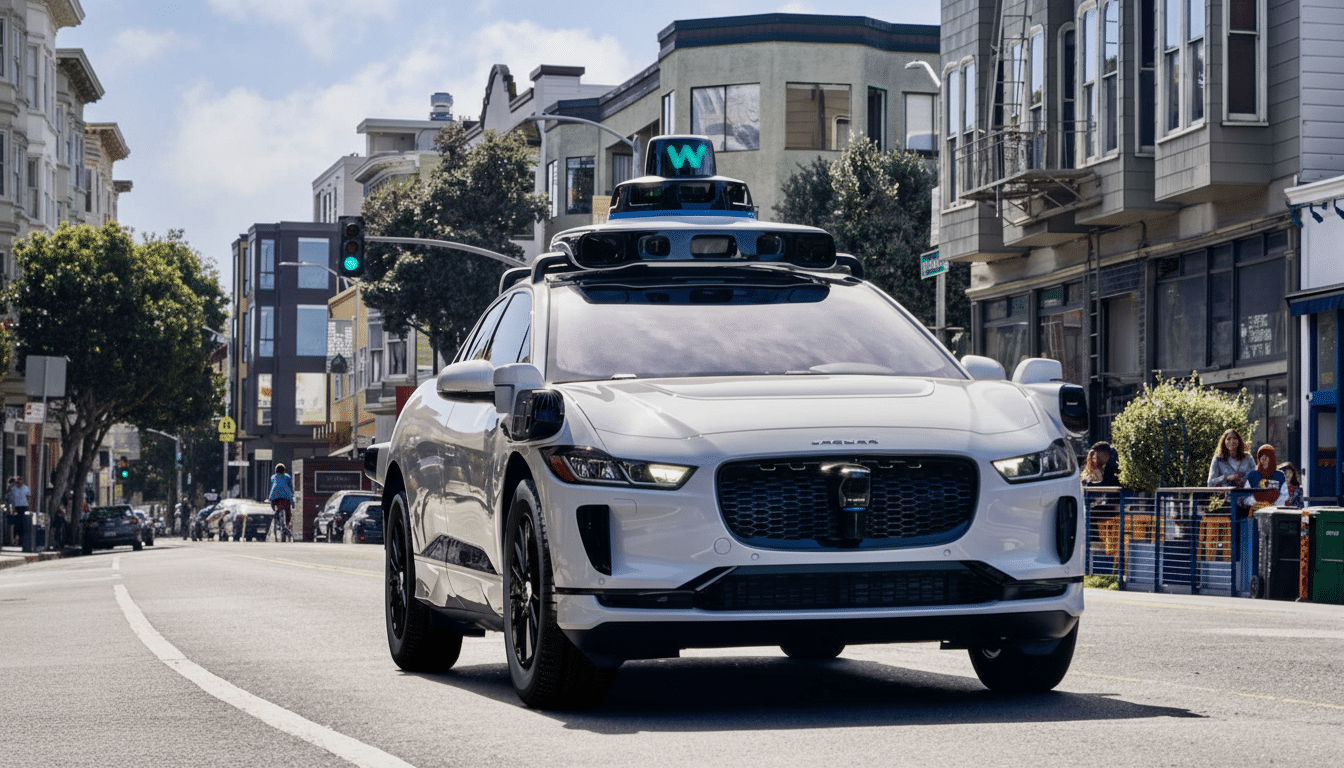 A white self-driving car with a W logo on its roof drives down a city street.