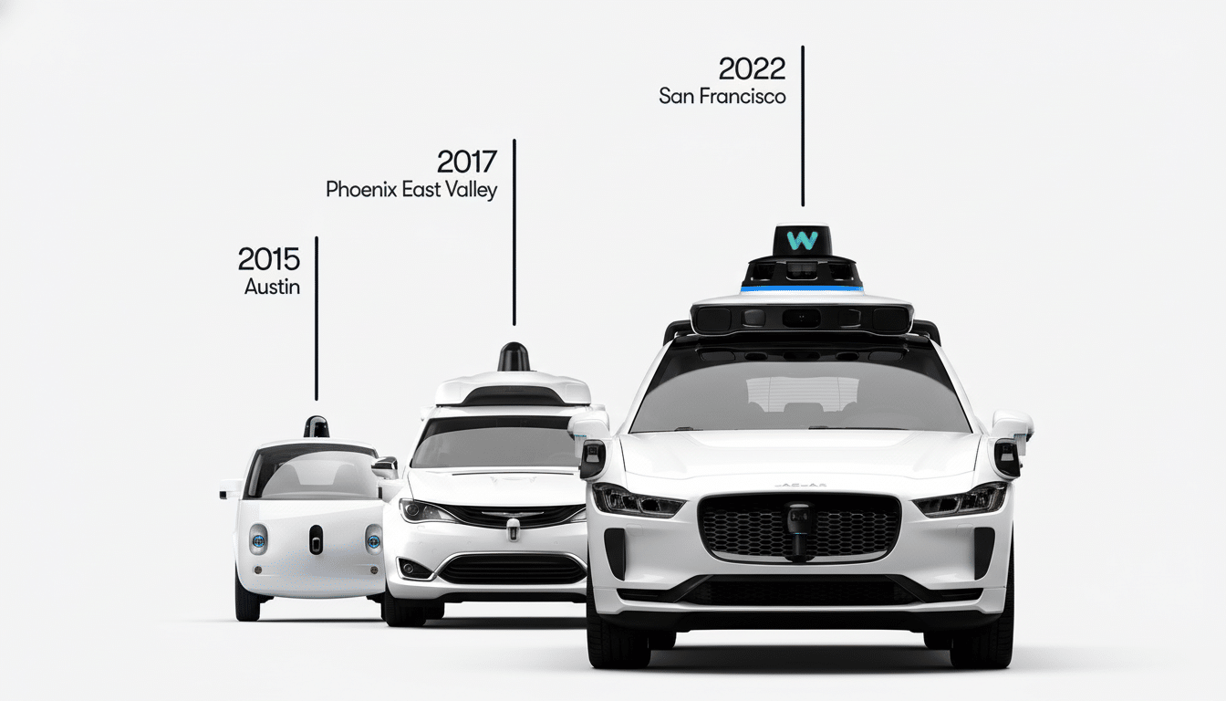 Three generations of Waymo self-driving cars are shown in a timeline, from 2015 to 2022, with their respective launch locations.