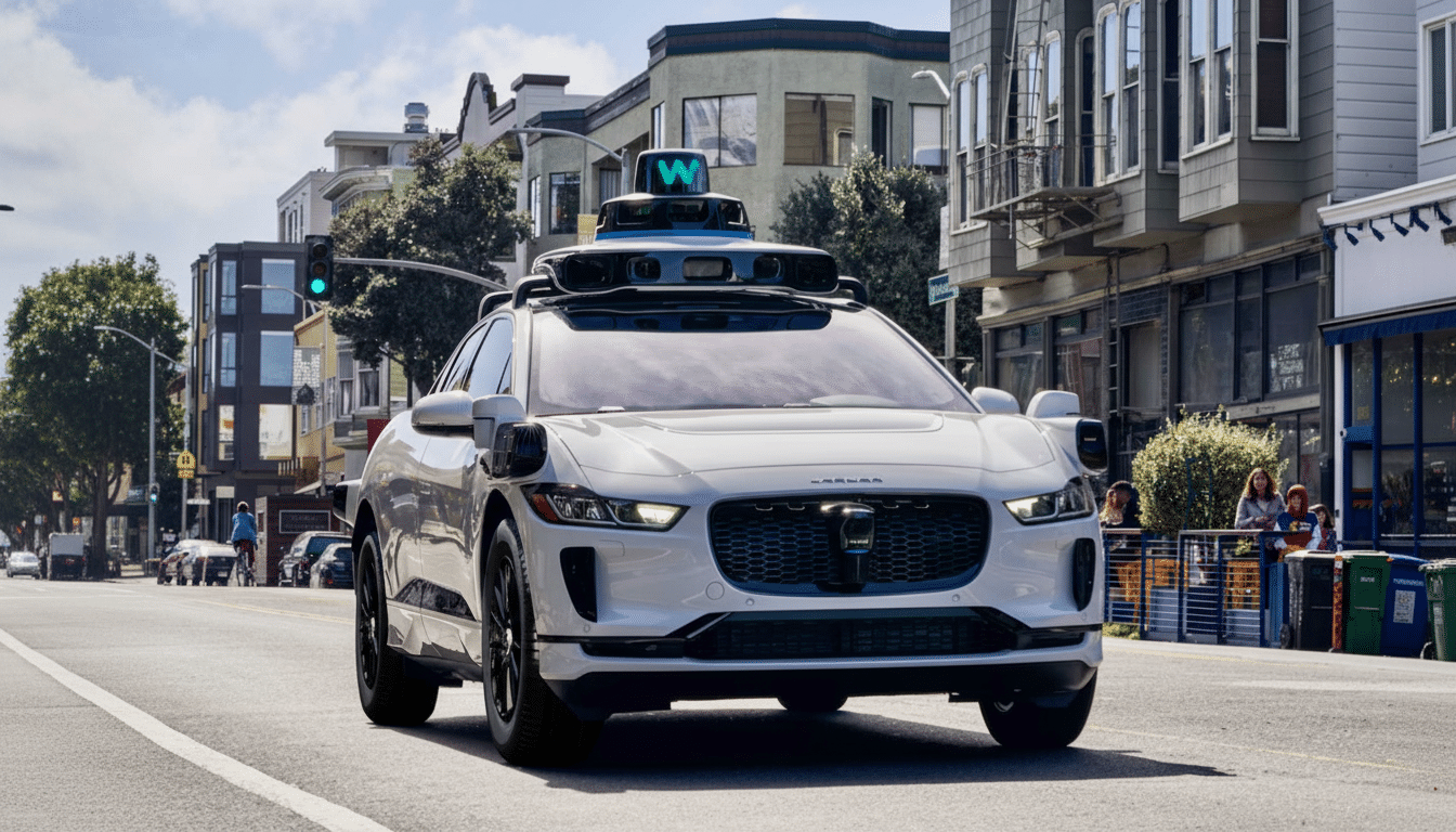 A white self-driving car with a W logo on its roof drives down a city street.