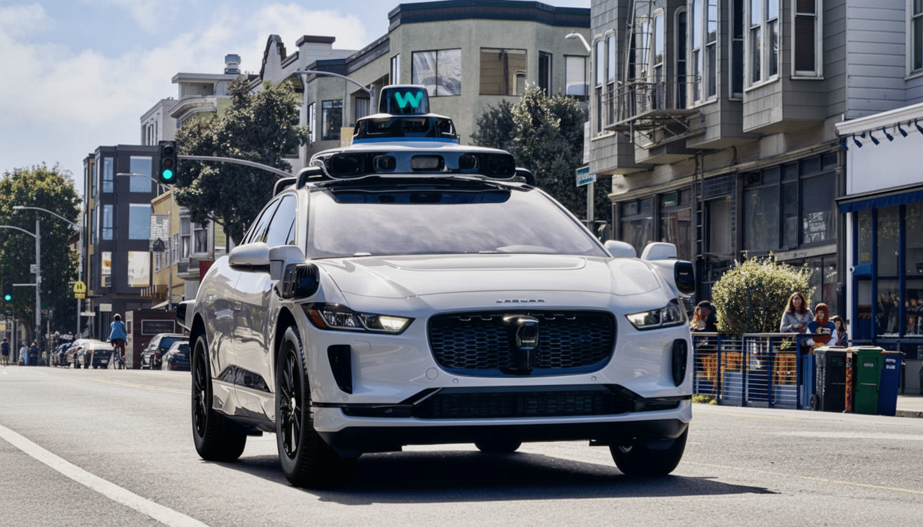 A white self-driving car with a W logo on its roof drives down a city street.