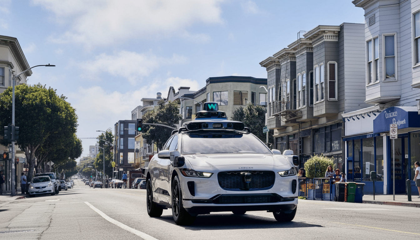 A white self-driving car with a W logo on its roof drives down a city street with buildings and trees in the background.