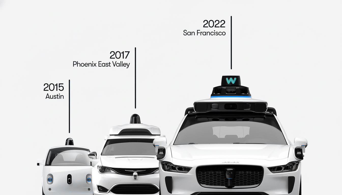 Three generations of Waymo self-driving cars, from 2015 to 2022, are shown in a timeline format.