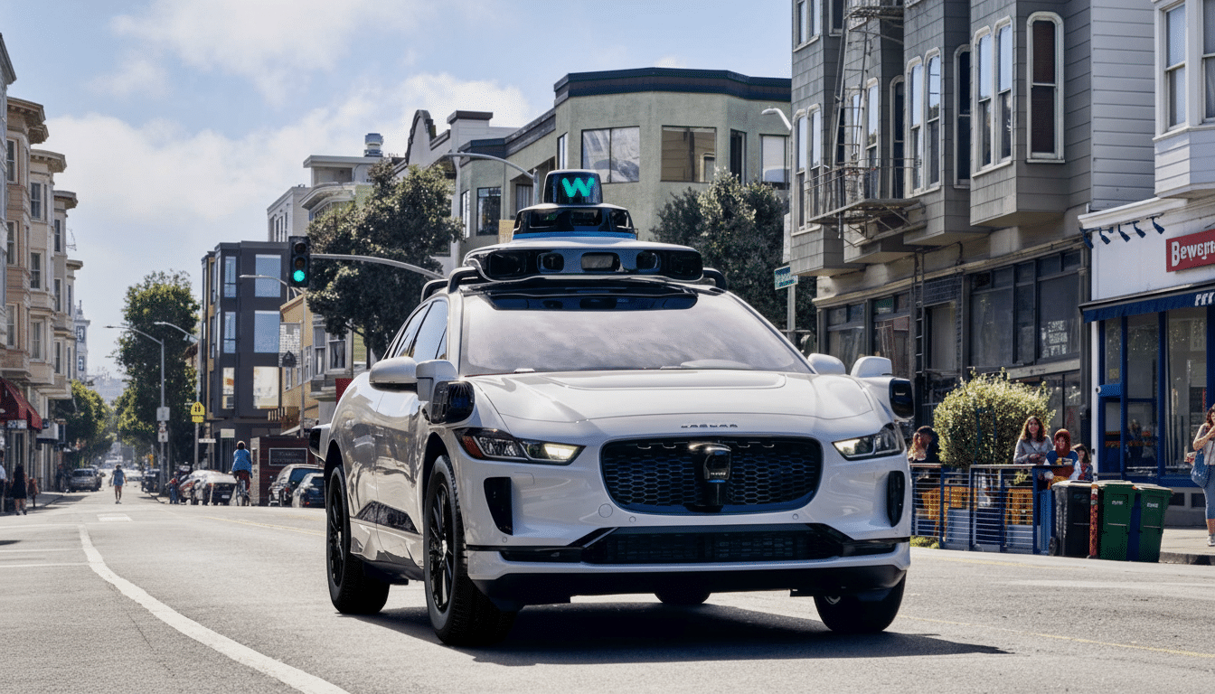 A white self-driving car with a prominent sensor array on its roof drives down a city street.