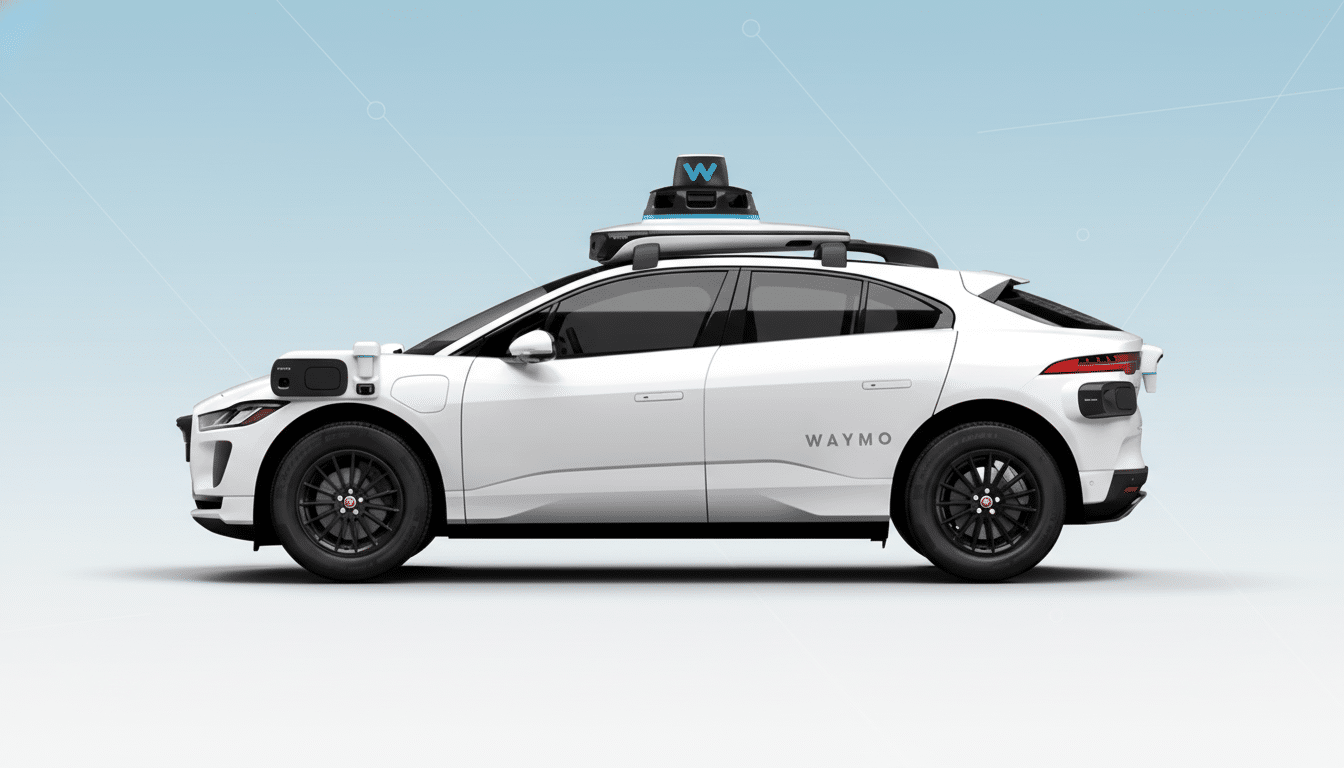A white Waymo self-driving car, an electric Jaguar I-PACE, is shown in profile against a light blue and white gradient background with subtle geometric patterns.