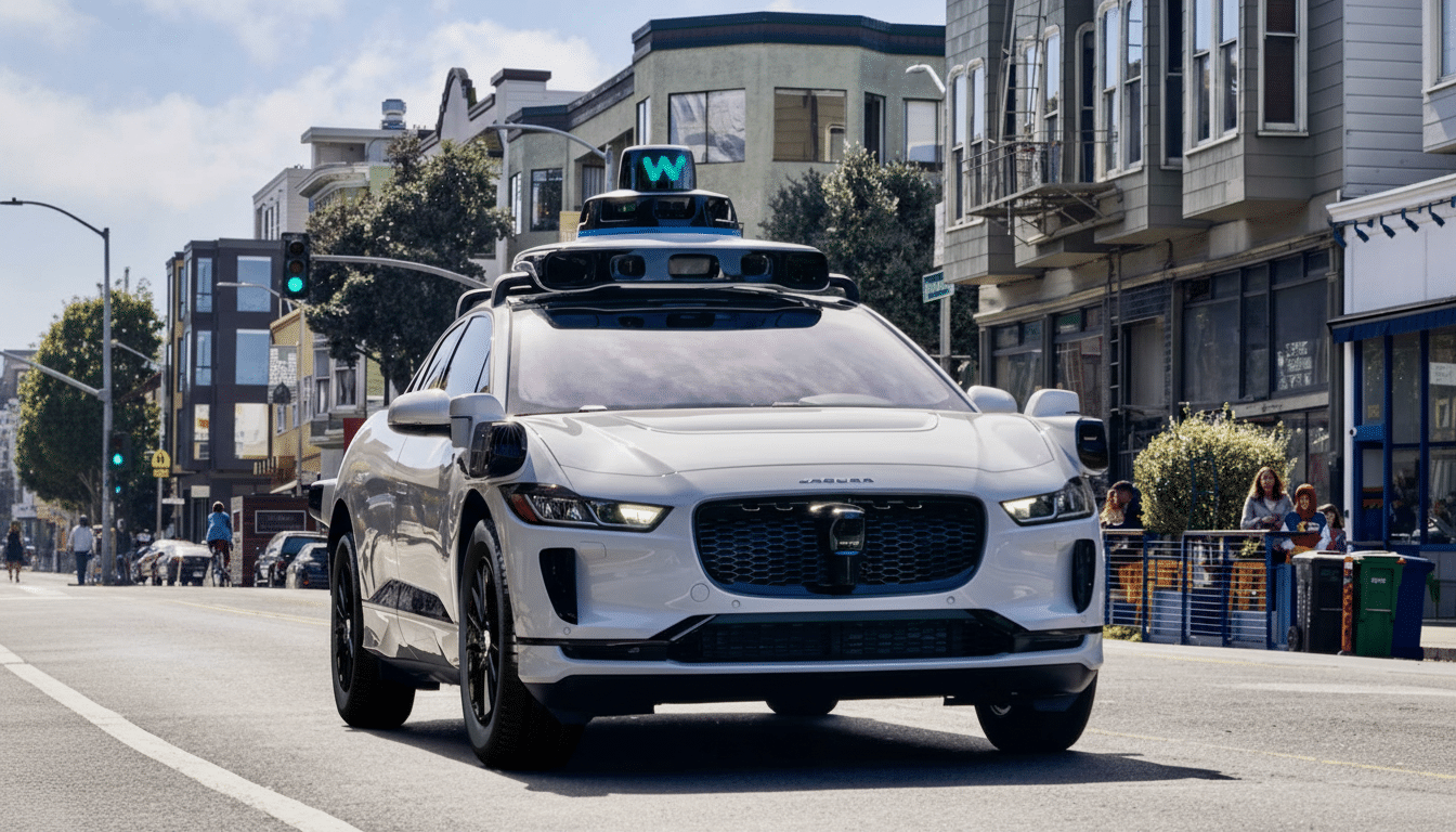 A white Jaguar I-PACE autonomous vehicle with a Waymo sensor array on its roof drives down a city street.