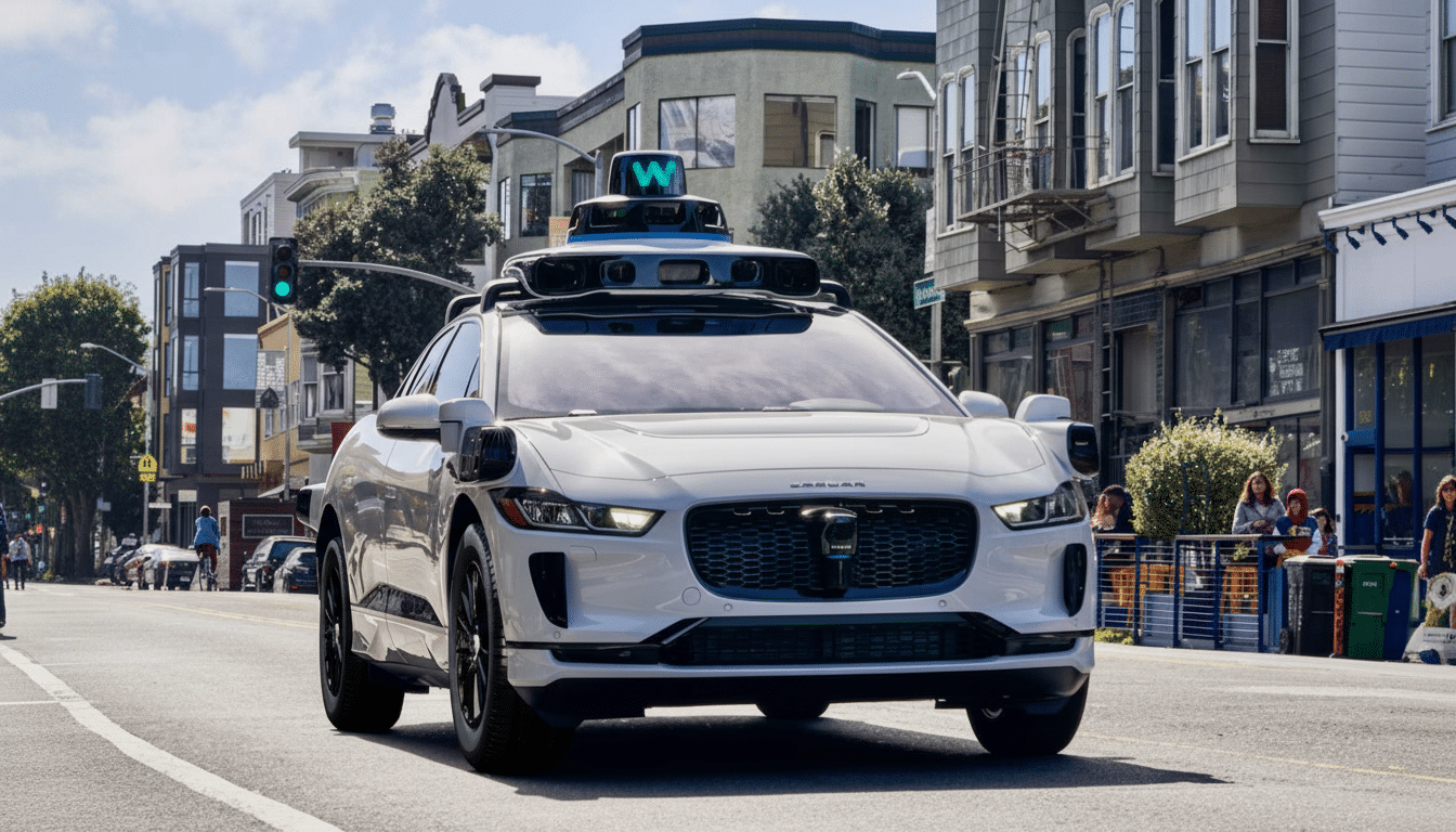 A white self-driving car with a W logo on its roof drives down a city street.