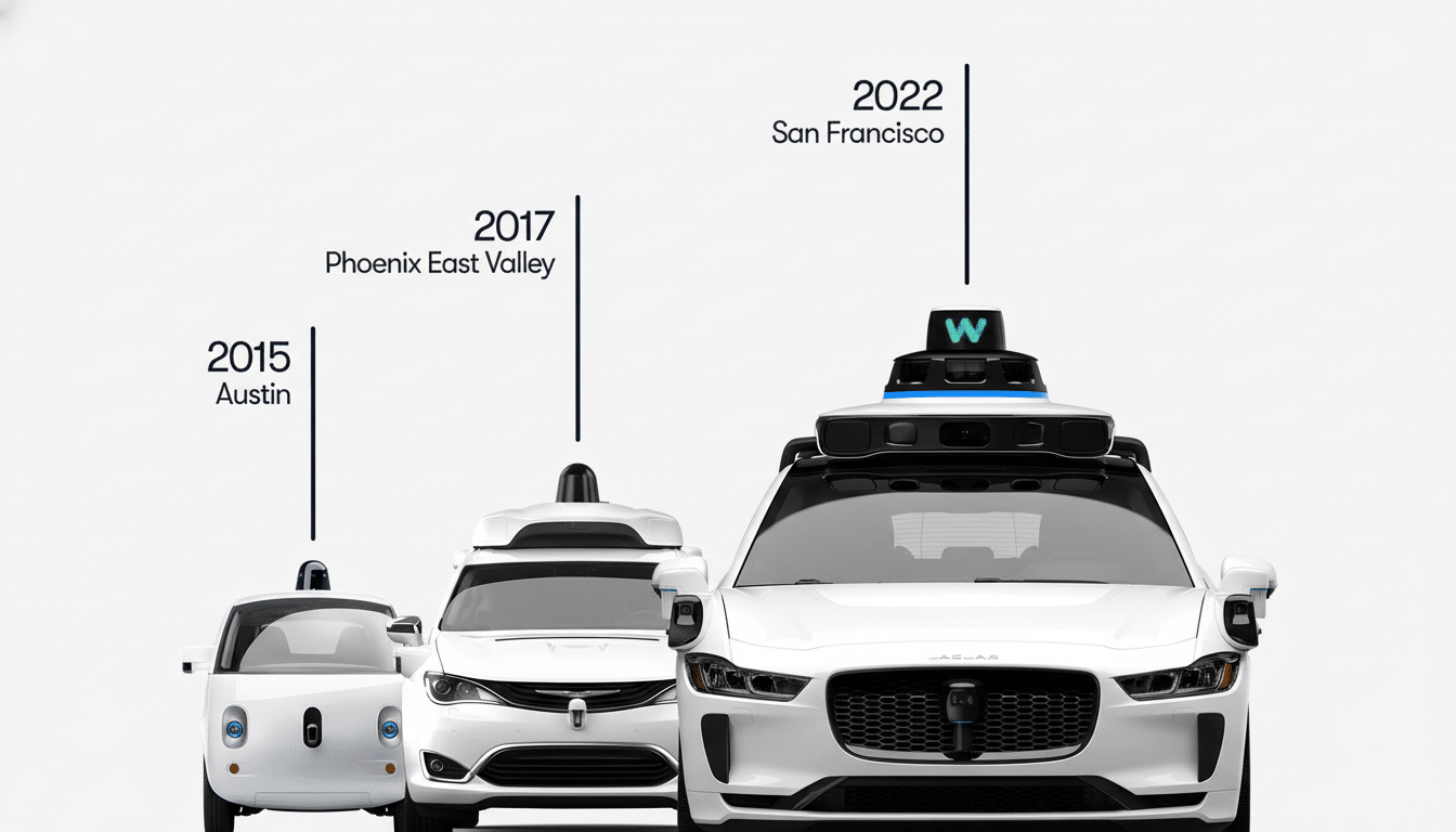 Three generations of Waymo self-driving cars are shown from front view, with the earliest model on the left and the latest on the right. Each car has a vertical line extending upwards with a year and location indicating its deployment: 2015 Austin, 2017 Phoenix East Valley, and 2022 San Francisco.