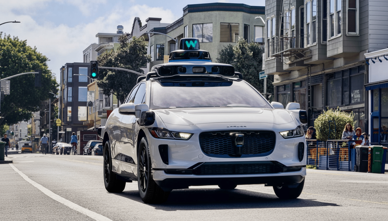A white self-driving car with a W on its roof drives down a city street.