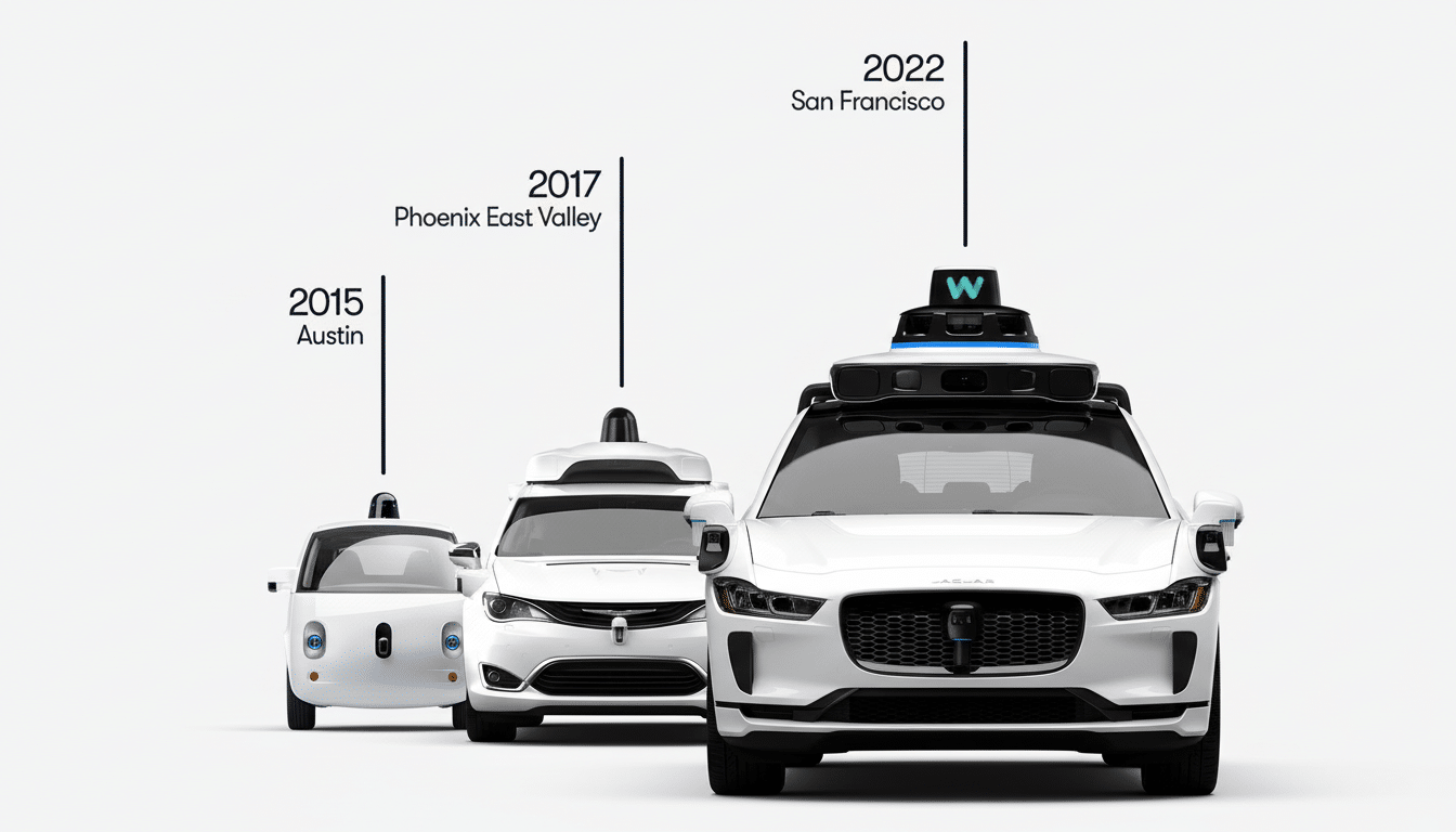 A timeline showing the evolution of Waymo self-driving cars from 2015 to 2022, with three white vehicles of different models.