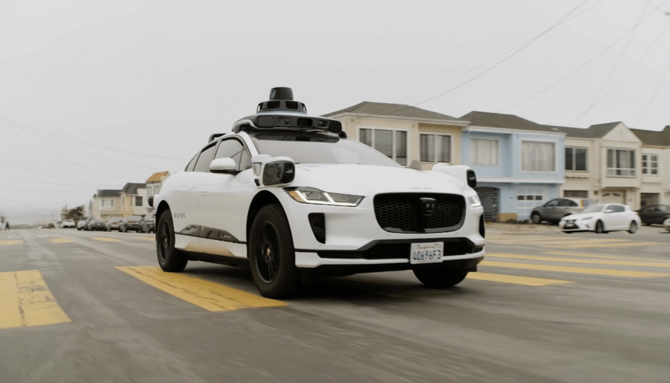 A white self-driving car with a roof-mounted sensor array drives down a street with houses in the background.