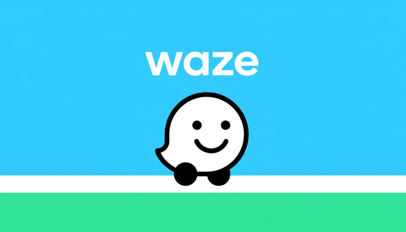 The Waze app logo, featuring a white, smiling car-like icon with black wheels, set against a blue and green background, resized to a 16:9 aspect ratio.