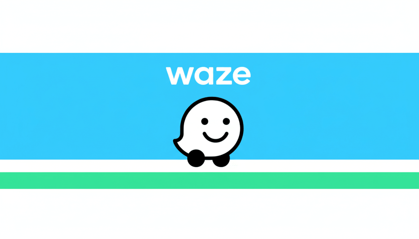 The Waze logo, featuring the word waze in white above a white, smiling car icon with black outlines, set against a background that transitions from light blue to white to green, all within a 16:9 aspect ratio.