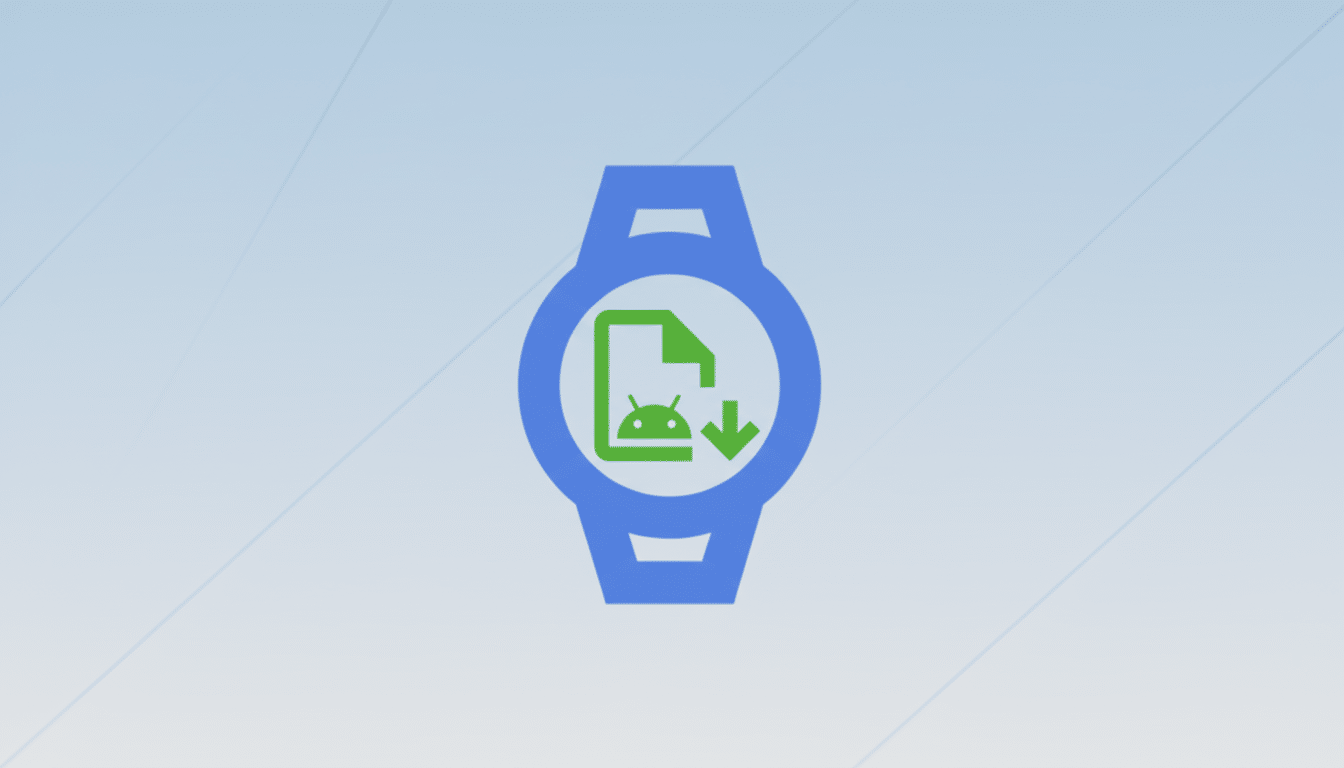 A blue smartwatch icon with a green file and Android download symbol on a light blue and white gradient background.