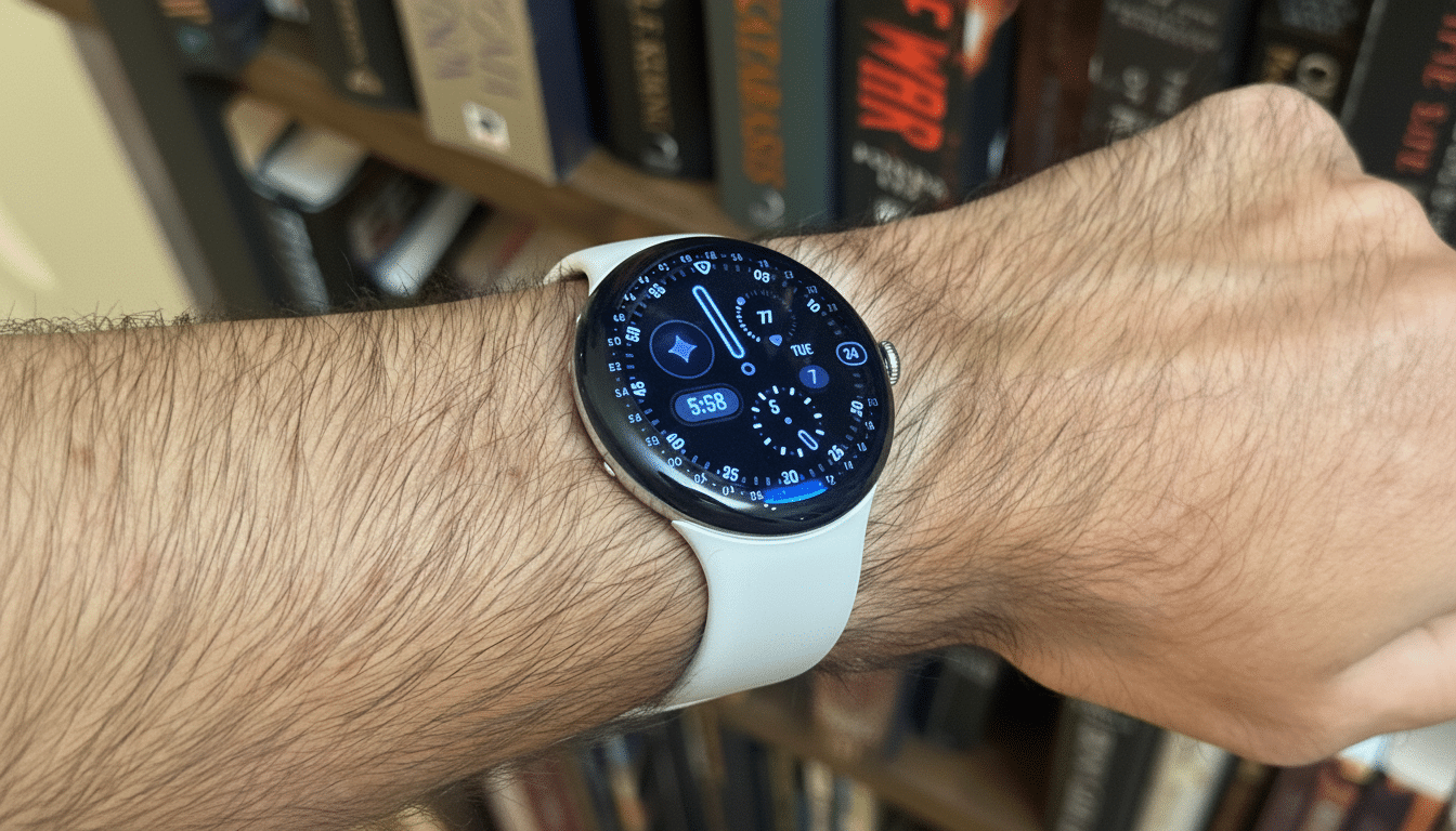 A close-up of a persons arm wearing a white Google Pixel Watch, displaying a blue and black watch face with various widgets.