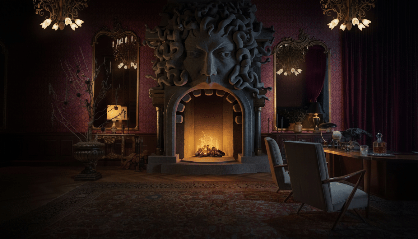 A luxurious, dimly lit room featuring a grand fireplace with a Medusa head sculpture, two armchairs, and ornate chandeliers, resized to a 16:9 aspect ratio.