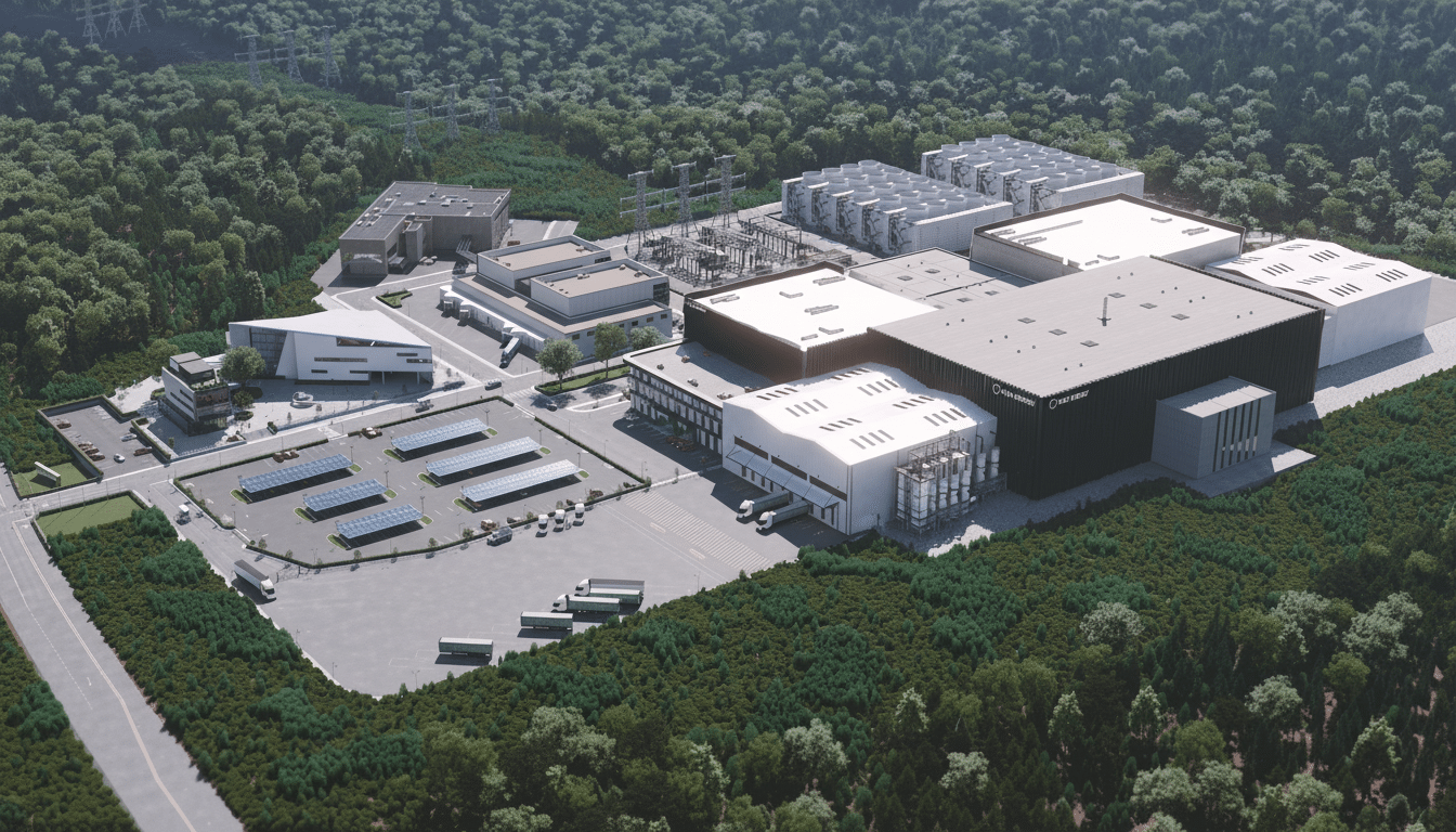 An aerial view of a large industrial complex surrounded by a dense forest, featuring multiple buildings, a parking lot with solar panels, and power lines.