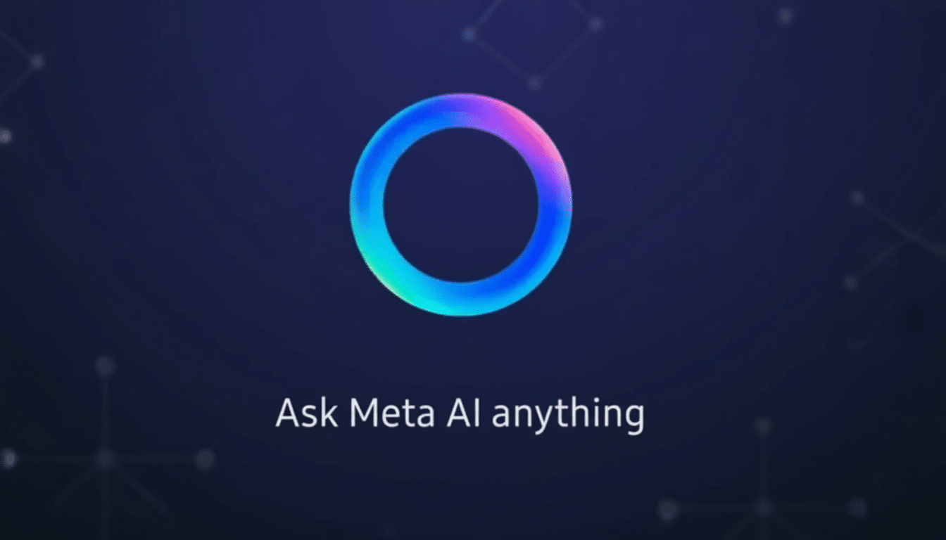 The Meta AI logo, a vibrant, multi-colored ring, centered on a dark blue background with subtle geometric patterns. Below the logo, the text Ask Meta AI anything is displayed in white.