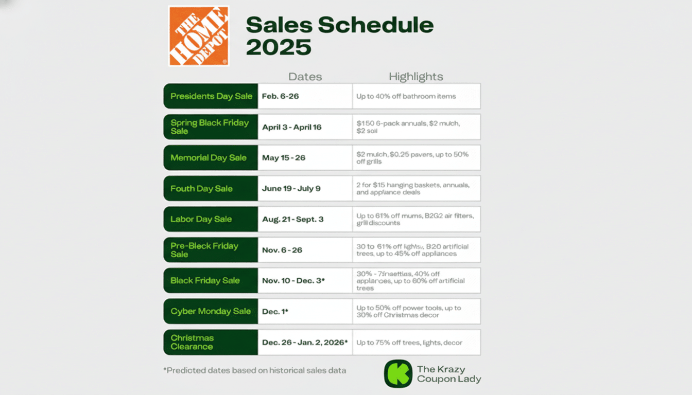The Home Depot Sales Schedule 2025, a table listing sales events, dates, and highlights.