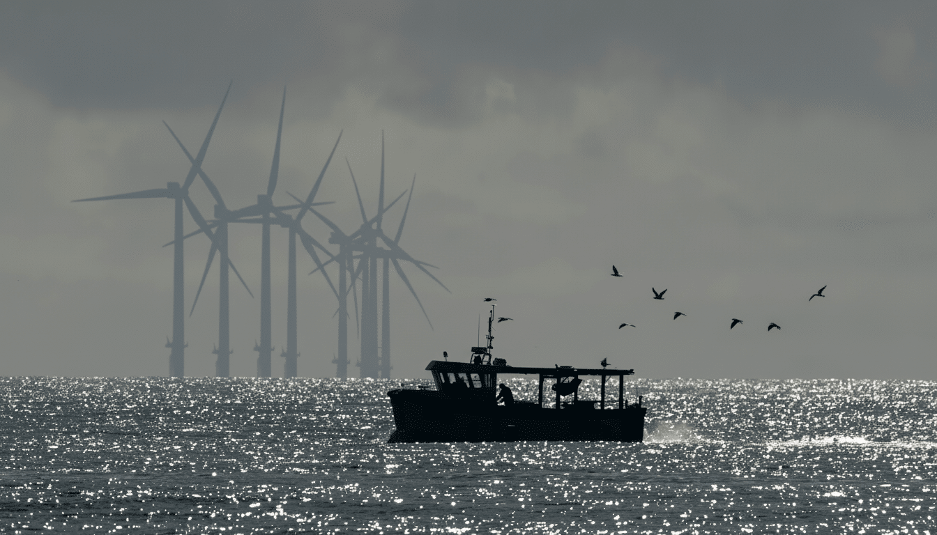 A fishing boat on sparkling water with wind turbines in the hazy background.
