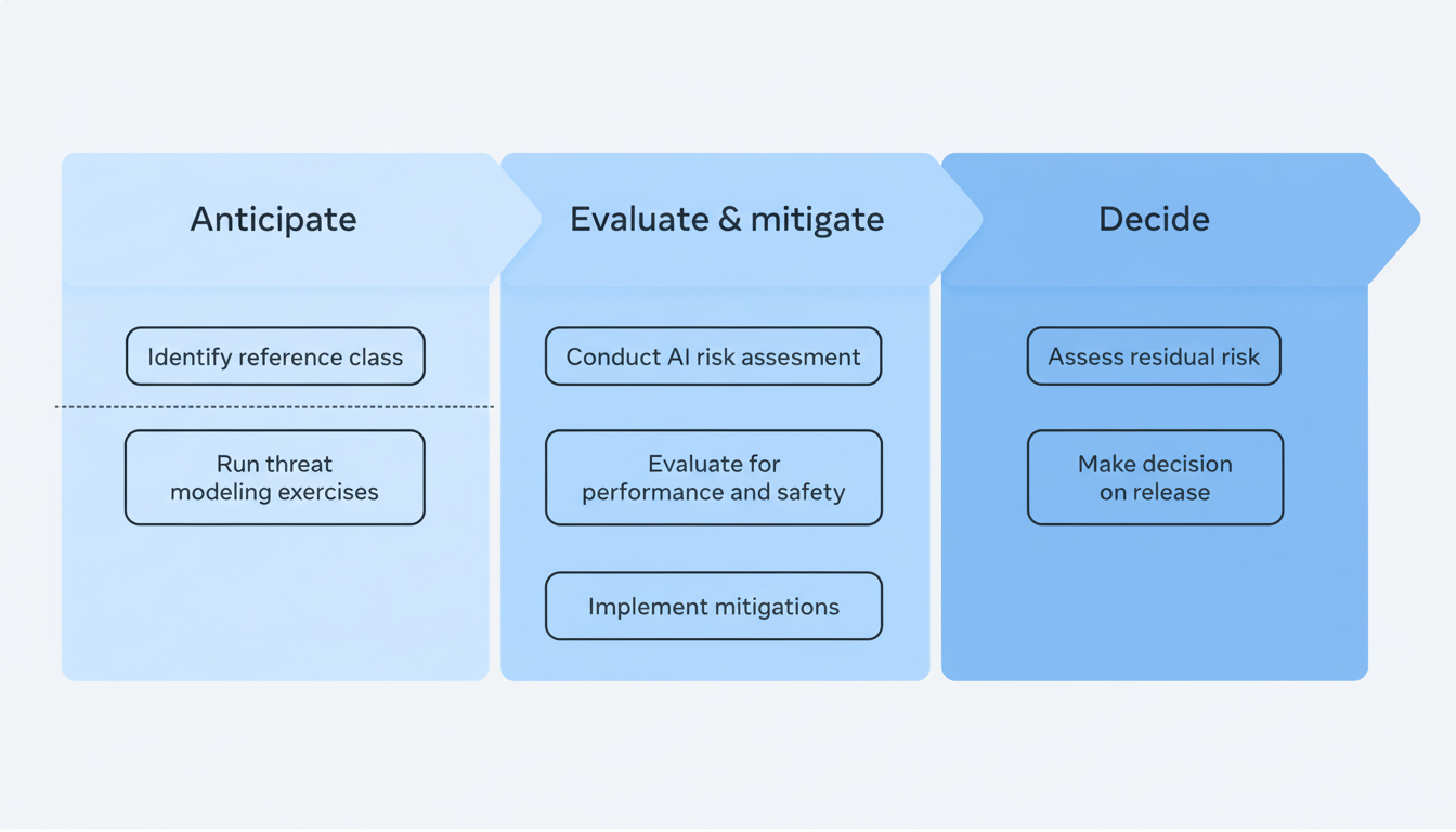 A professional diagram illustrating a three-stage process: Anticipate, Evaluate & mitigate, and Decide. Under Anticipate, there are steps to Identify reference class and Run threat modeling exercises. Under Evaluate & mitigate, the steps are Conduct AI risk assessment, Evaluate for performance and safety, and Implement mitigations. Under Decide, the steps are Assess residual risk and Make decision on release. The background is a soft, light gray gradient.