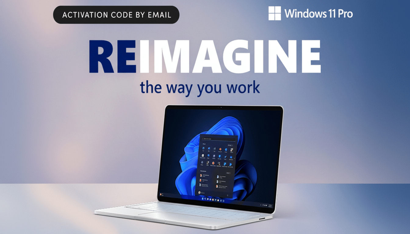 A laptop displaying Windows 11 Pro, with the text REIMAGINE the way you work and ACTIVATION CODE BY EMAIL on a blue gradient background.