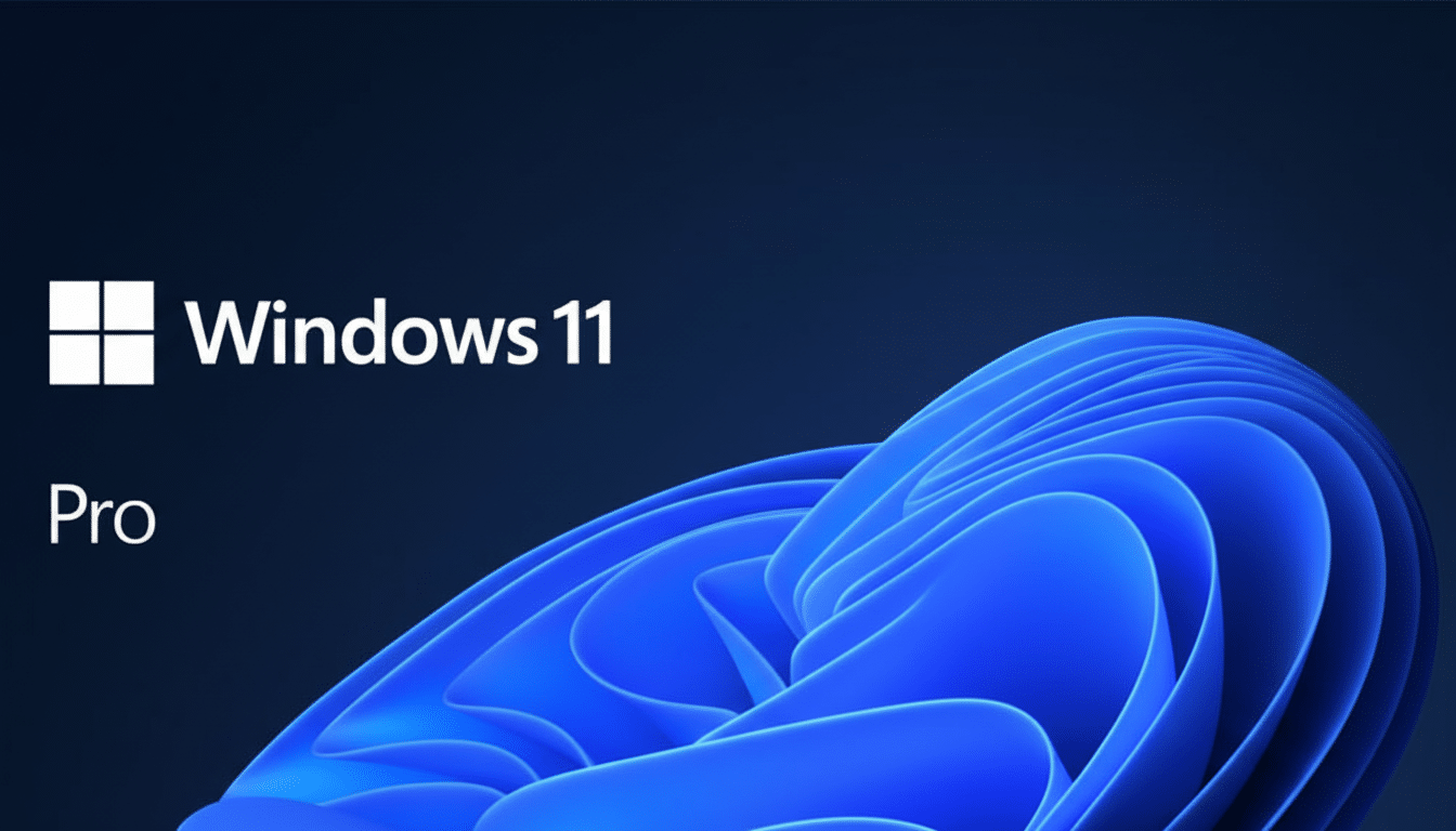 The Windows 11 Pro logo and text are displayed on a dark blue background with a stylized blue wave design in the lower right.