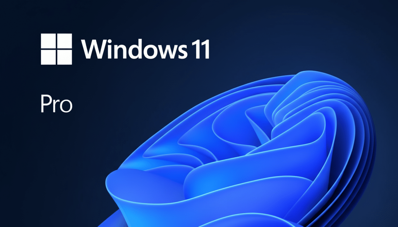 The Windows 11 Pro logo and text are displayed on a dark blue background with a stylized, swirling blue graphic in the lower right.