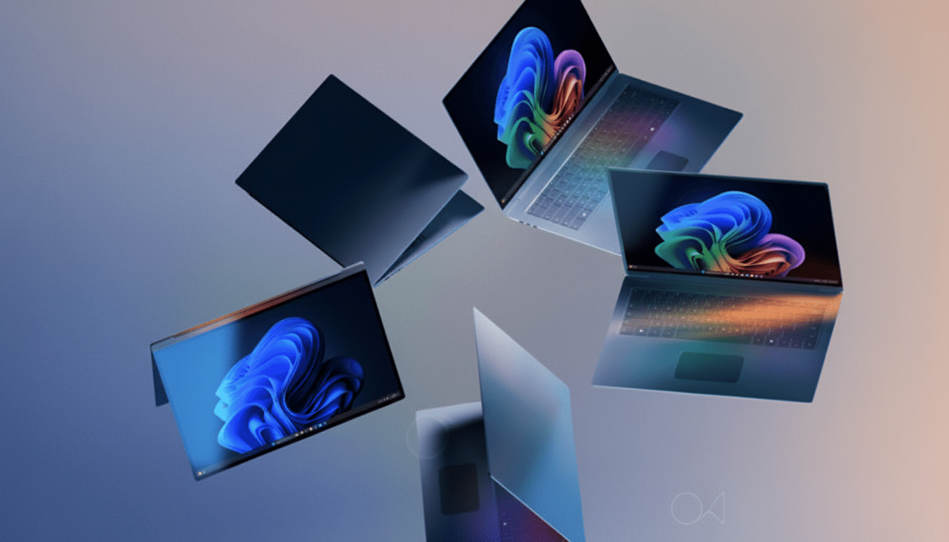 A professional image of several laptops arranged in a circular pattern, showcasing their screens with colorful abstract wallpapers, set against a gradient background.