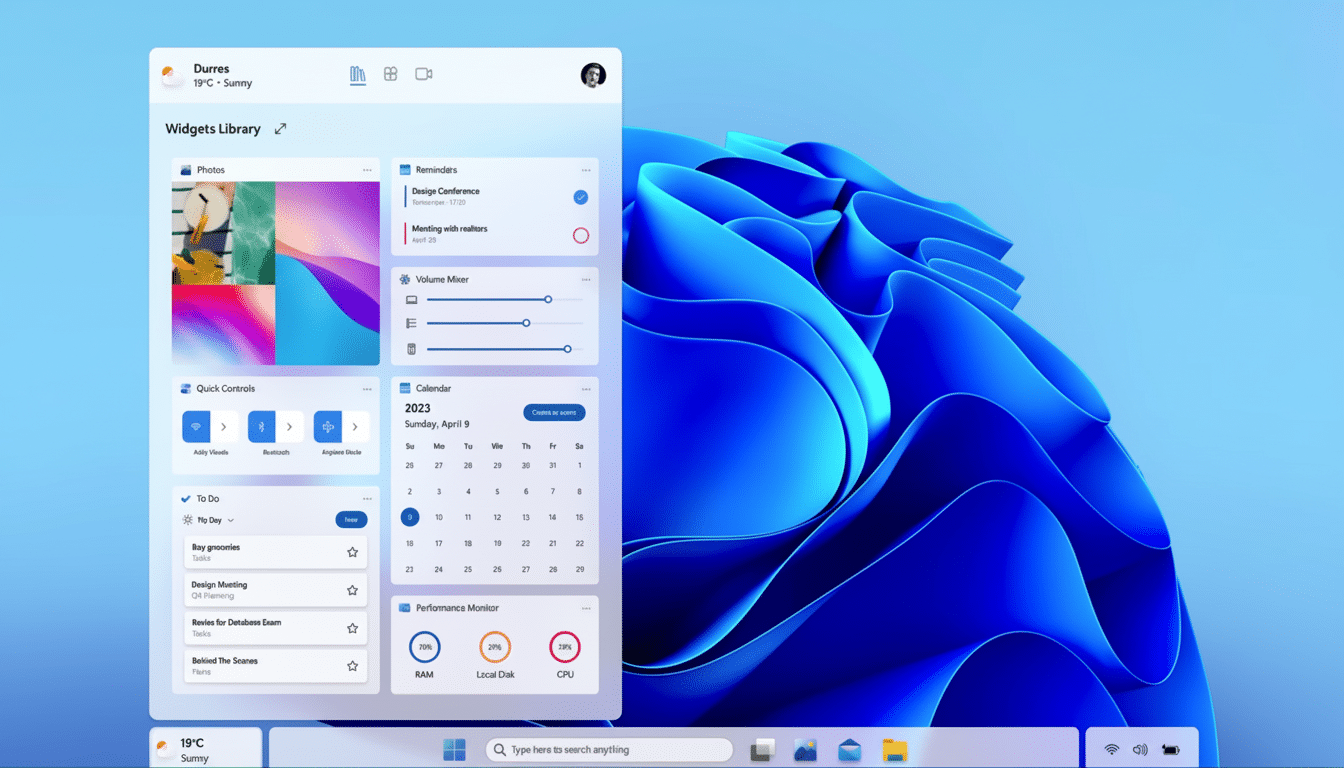 A screenshot of the Windows 11 Widgets Library, displaying various widgets like Photos, Reminders, Volume Mixer, Quick Controls, Calendar, To Do list, and Performance Monitor, all set against a blue background with a stylized wave pattern.