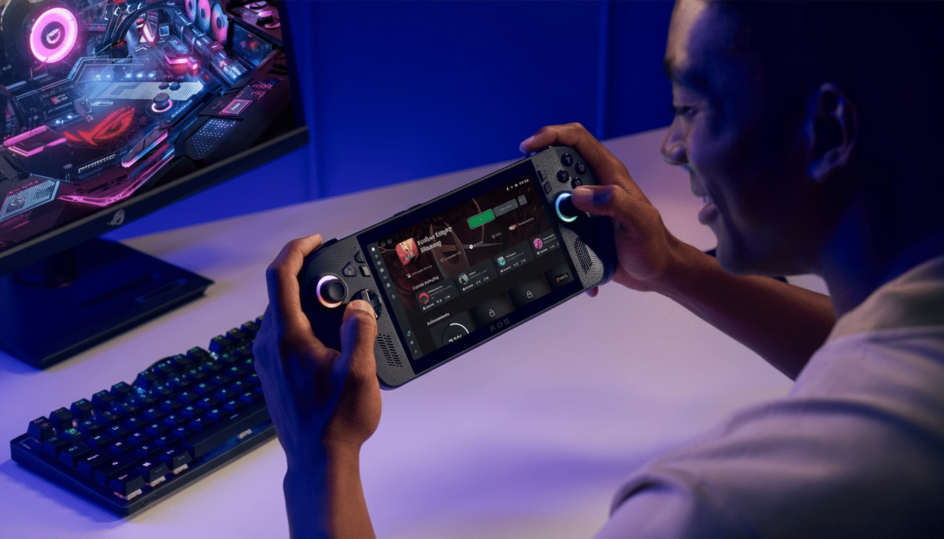 A man playing a handheld gaming device with a computer monitor and keyboard in the background.